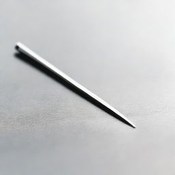 A sharp sewing needle, gleaming metallic surface, oriented horizontally and pointing to the right.