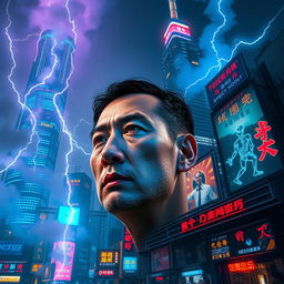 A futuristic version of Hong Kong featuring towering skyscrapers illuminated with vibrant blue and red lights, surrounded by dramatic lightning strikes and swirling smoke