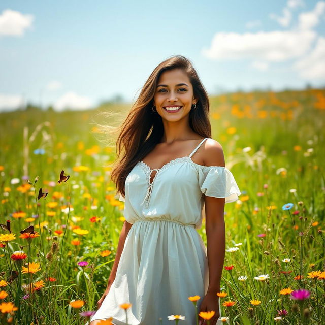 A 37-year-old woman from Latin America, showcasing her natural beauty while standing in a bright, sunny meadow