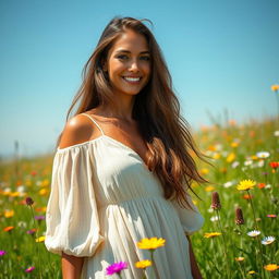 A 37-year-old woman from Latin America, showcasing her natural beauty while standing in a bright, sunny meadow