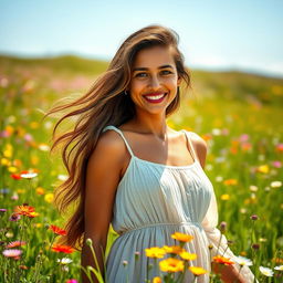 A 37-year-old woman from Latin America, showcasing her natural beauty while standing in a bright, sunny meadow