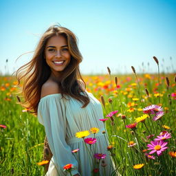 A 37-year-old woman from Latin America, showcasing her natural beauty while standing in a bright, sunny meadow