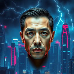 A futuristic version of Hong Kong at night, featuring a cityscape filled with neon lights in blue and red hues illuminating the tall skyscrapers