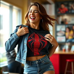 A beautiful woman playfully holding her large breasts while laughing joyfully