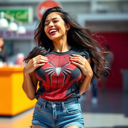 A beautiful woman playfully holding her large breasts while laughing joyfully