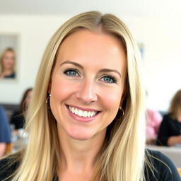 A 35-year-old woman from Denmark with long blonde hair, sporting natural makeup and a friendly smile