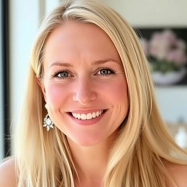 A 35-year-old woman from Denmark with long blonde hair, sporting natural makeup and a friendly smile