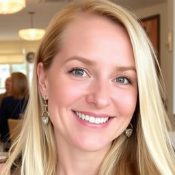 A 35-year-old woman from Denmark with long blonde hair, sporting natural makeup and a friendly smile