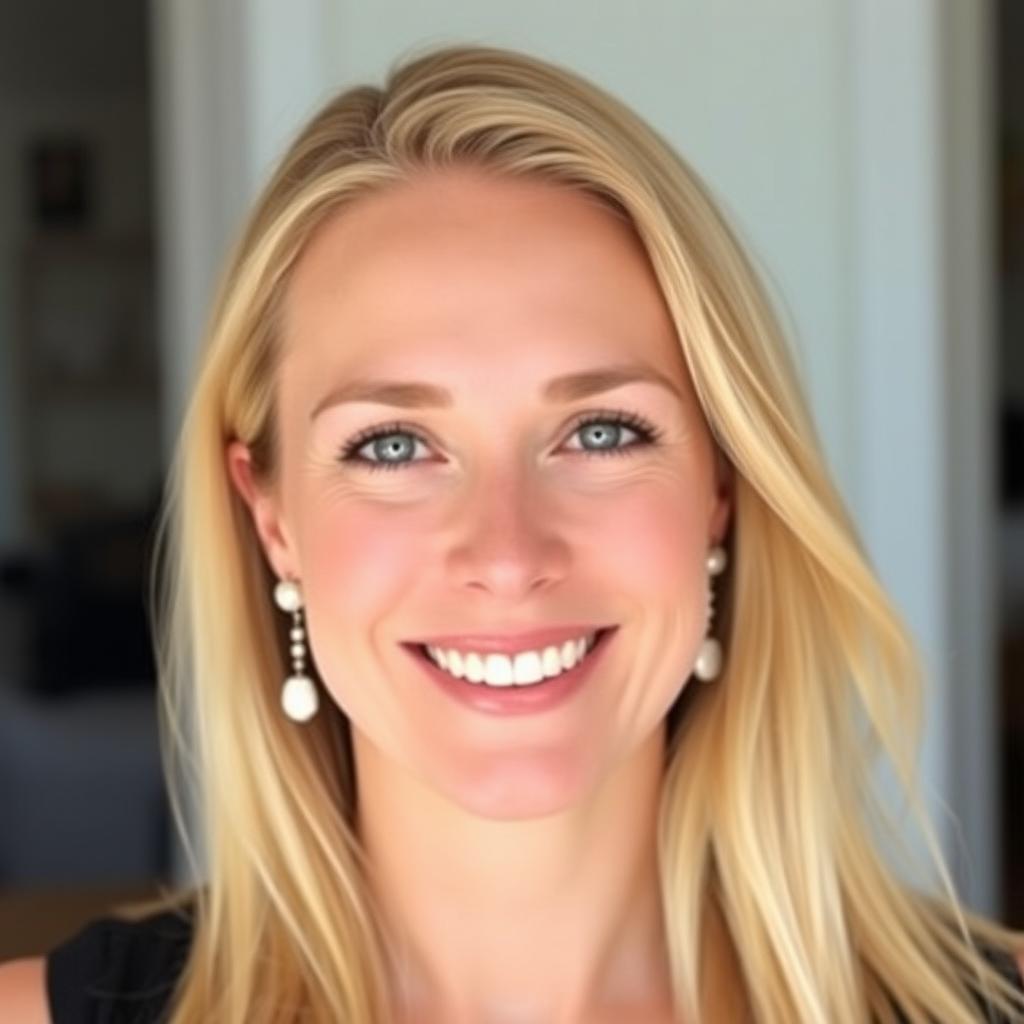 A 35-year-old woman from Denmark with long blonde hair, sporting natural makeup and a friendly smile