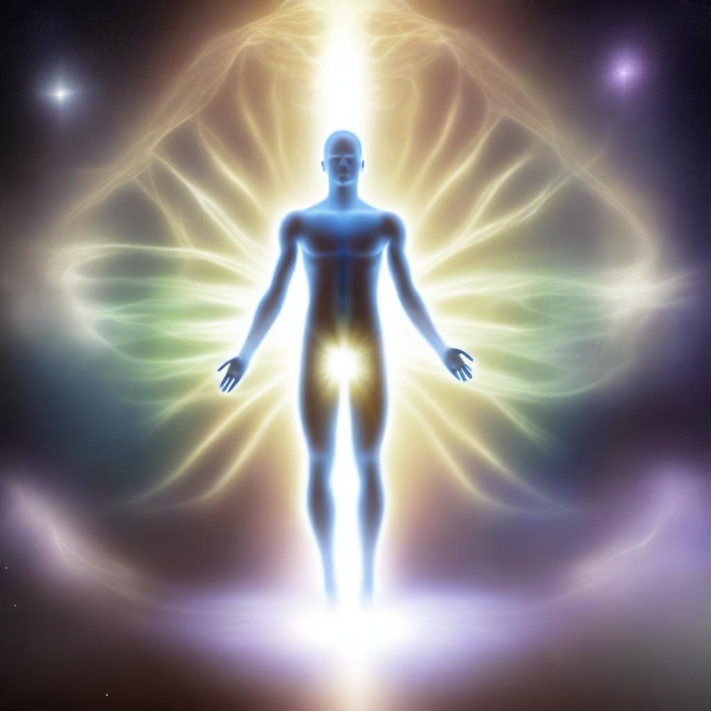 An astral projection of a spiritual being communicating with higher spirits, signifying reincarnation and multidimensional frequencies