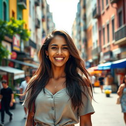 A 37-year-old woman from Latin America, embodying natural beauty against an urban backdrop