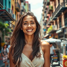 A 37-year-old woman from Latin America, embodying natural beauty against an urban backdrop