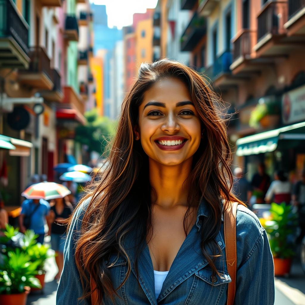 A 37-year-old woman from Latin America, embodying natural beauty against an urban backdrop