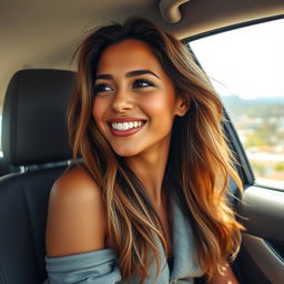 A 37-year-old woman from Latin America, exuding natural beauty while sitting in a car