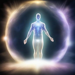 An astral projection of a spiritual being communicating with higher spirits, signifying reincarnation and multidimensional frequencies