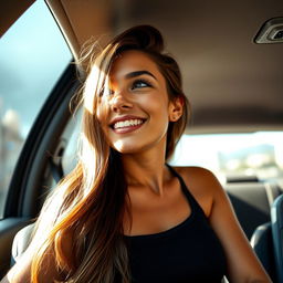 A 37-year-old woman from Latin America, exuding natural beauty while sitting in a car