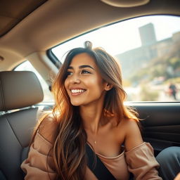 A 37-year-old woman from Latin America, exuding natural beauty while sitting in a car