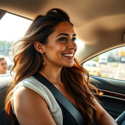 A 37-year-old woman from Latin America, exuding natural beauty while sitting in a car