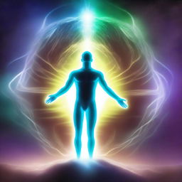 An astral projection of a spiritual being communicating with higher spirits, signifying reincarnation and multidimensional frequencies