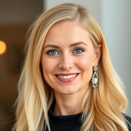 A 35-year-old woman from Denmark with long blonde hair, featuring natural makeup and a friendly smile