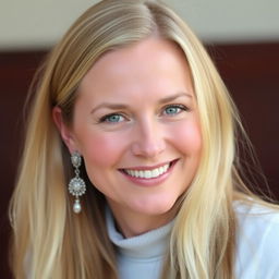 A 35-year-old woman from Denmark with long blonde hair, featuring natural makeup and a friendly smile