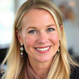 A 35-year-old woman from Denmark with long blonde hair, featuring natural makeup and a friendly smile