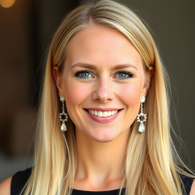 A 35-year-old woman from Denmark with long blonde hair, featuring natural makeup and a friendly smile