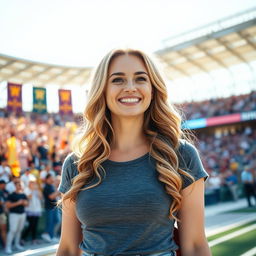 A 37-year-old Caucasian woman, radiating natural beauty while standing in a vibrant stadium