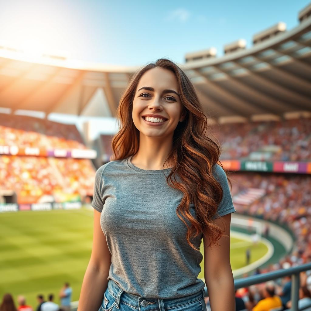 A 37-year-old Caucasian woman, radiating natural beauty while standing in a vibrant stadium