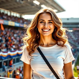 A 37-year-old Caucasian woman, radiating natural beauty while standing in a vibrant stadium