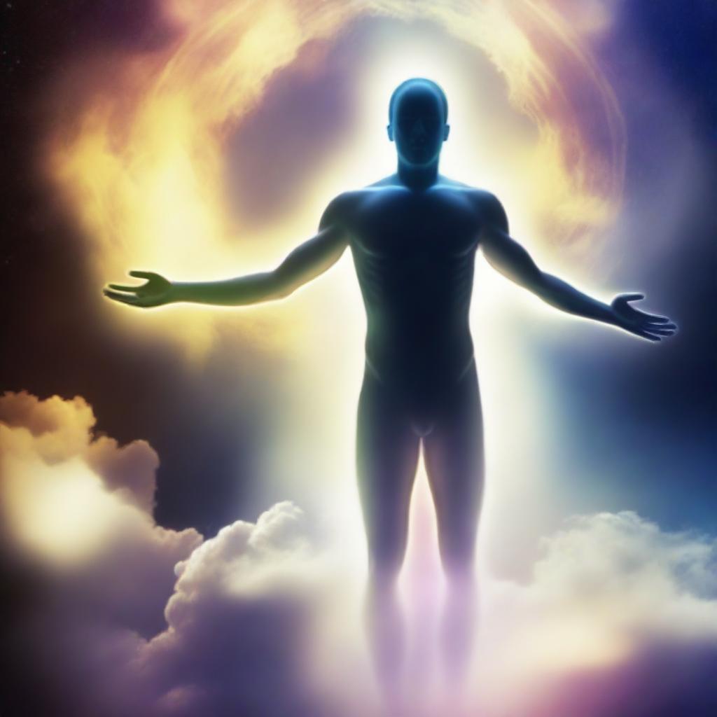 An astral projection of a spiritual being communicating with higher spirits, signifying reincarnation and multidimensional frequencies