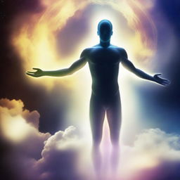 An astral projection of a spiritual being communicating with higher spirits, signifying reincarnation and multidimensional frequencies