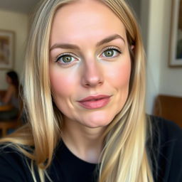 A photograph of a 35-year-old woman from Denmark, featuring light makeup that enhances her natural beauty