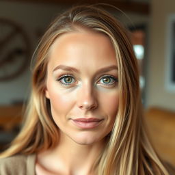 A photograph of a 35-year-old woman from Denmark, featuring light makeup that enhances her natural beauty