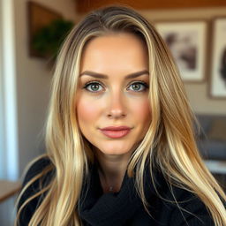 A photograph of a 35-year-old woman from Denmark, featuring light makeup that enhances her natural beauty
