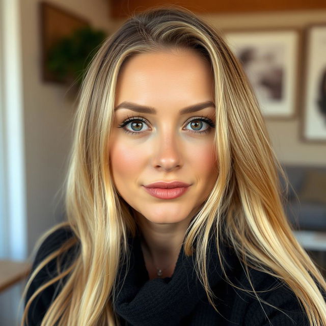 A photograph of a 35-year-old woman from Denmark, featuring light makeup that enhances her natural beauty