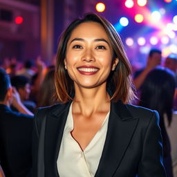A 37-year-old Asian woman, exuding elegance while wearing a stylish suit at a lively concert