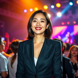 A 37-year-old Asian woman, exuding elegance while wearing a stylish suit at a lively concert