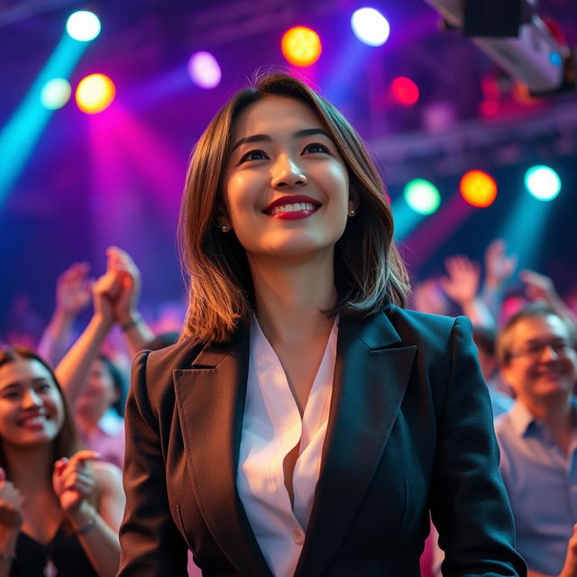 A 37-year-old Asian woman, exuding elegance while wearing a stylish suit at a lively concert