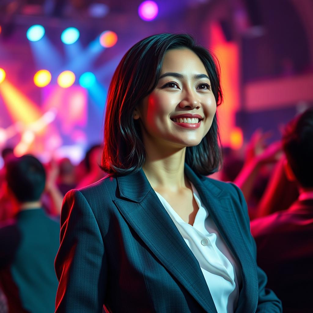 A 37-year-old Asian woman, exuding elegance while wearing a stylish suit at a lively concert