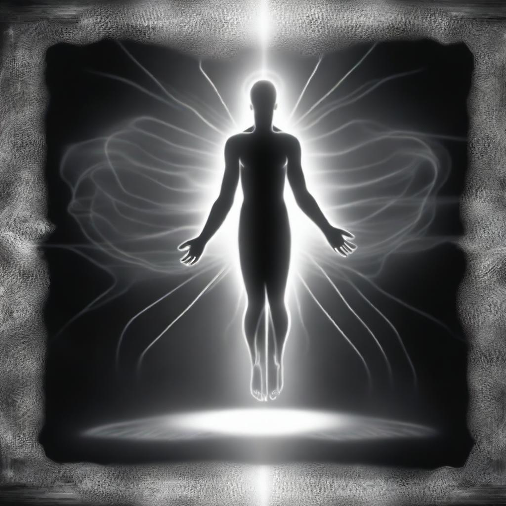 A black and white representation of an astral projection of a bodiless spiritual being communicating with higher spirits, underpinning concepts of reincarnation and multidimensional frequencies