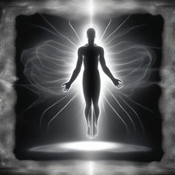 A black and white representation of an astral projection of a bodiless spiritual being communicating with higher spirits, underpinning concepts of reincarnation and multidimensional frequencies