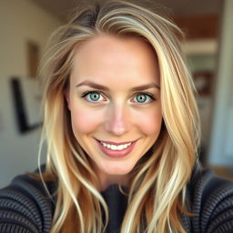 A photo of a 35-year-old Danish woman captured from the waist up, featuring light blonde hair and light, natural makeup