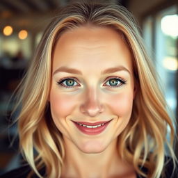 A photo of a 35-year-old Danish woman captured from the waist up, featuring light blonde hair and light, natural makeup