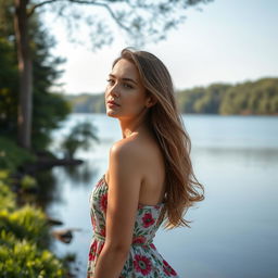 A 37-year-old woman of Slavic descent, embodying tranquil beauty as she stands by a serene lake