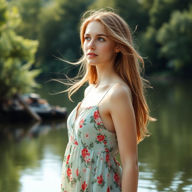 A 37-year-old woman of Slavic descent, embodying tranquil beauty as she stands by a serene lake