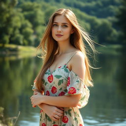 A 37-year-old woman of Slavic descent, embodying tranquil beauty as she stands by a serene lake