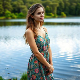 A 37-year-old woman of Slavic descent, embodying tranquil beauty as she stands by a serene lake