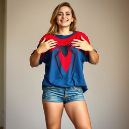 A stunningly beautiful 20-year-old woman radiates youth and confidence, standing in a casual yet alluring pose
