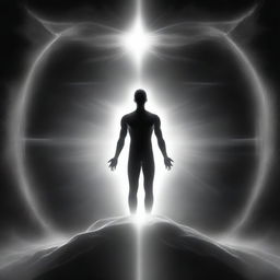 A black and white representation of an astral projection of a bodiless spiritual being communicating with higher spirits, underpinning concepts of reincarnation and multidimensional frequencies